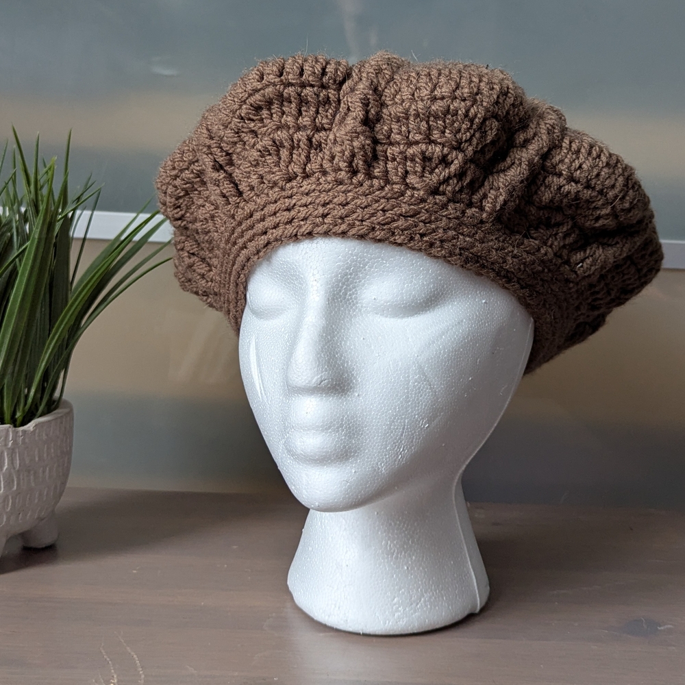 Brown Knit Beret Hat